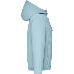 A light blue ladies bomber jacket with a hood and side pockets, featuring a logo.