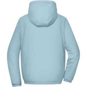 A light blue bomber jacket with a hood, featuring a smooth, padded design and a simple back view.