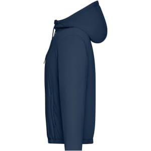A navy ladies bomber jacket featuring a hood and zip closure, with side pockets and a logo.
