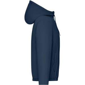 A navy ladies bomber jacket with a hood, featuring a side view and one pocket. It has a logo on the front.