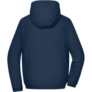 A navy blue ladies bomber jacket featuring a hood, with a simple design and no visible logos.