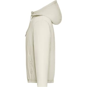 A ladies bomber jacket in a light beige colour, featuring a hood and side pockets. It has a logo on it.