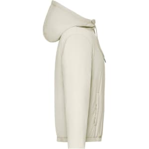 A light beige ladies bomber jacket with a hood, featuring side pockets and a branded label.