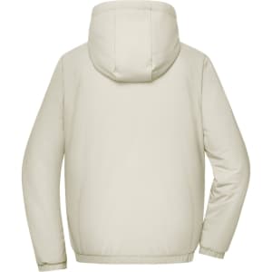 A light beige ladies bomber jacket with a hood and elasticated cuffs, featuring a logo on the back.