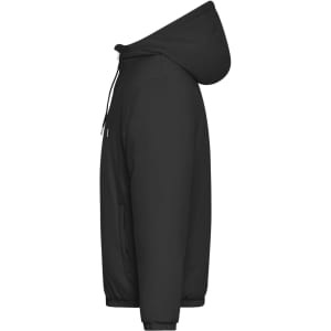 A black men's bomber jacket with a hood, featuring a zip fastening and side pockets. It has a logo on the front.