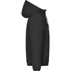 A black men's bomber jacket with a hood, featuring a logo on the front.