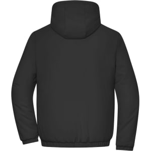 A black men's bomber jacket with a hood, featuring a simple design and a logo on the back.
