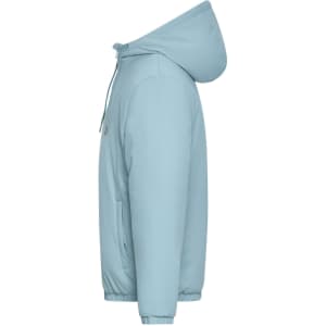 A light blue men's bomber jacket with a hood, featuring side pockets and a branding logo.