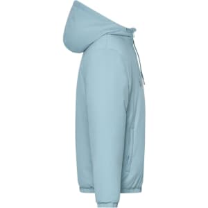 A light blue men's bomber jacket with a hood, featuring a casual design and a side view.