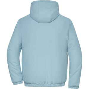 A men's bomber jacket in a light blue colour, featuring a hood and elastic waistband, with a logo on the back.