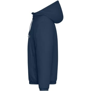 A navy men's bomber jacket featuring a hood and a front pocket. The jacket has a logo on it.
