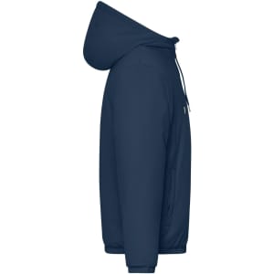 A navy blue men's bomber jacket featuring a hood and side pockets, with a branding logo on the fabric.