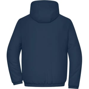 A navy blue men's bomber jacket featuring a hood and a plain back design. The jacket has a logo on it.