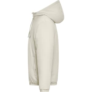 A light cream Men's Bomber Jacket with a hood, featuring side pockets and a logo.