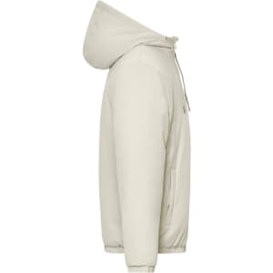 A cream-coloured men's bomber jacket featuring a hood and side pockets. Includes a logo on the garment.