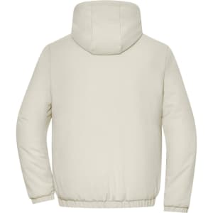 A light-coloured men's bomber jacket featuring a hood and elasticated cuffs and hem. It has a logo on the back.