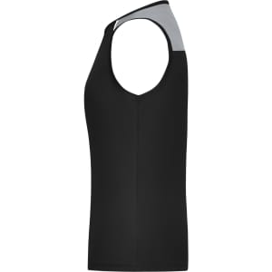 A black ladies running tank with a grey panel at the shoulder, featuring a simple design and a logo.