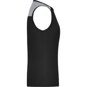 A ladies running tank in black with a grey accent on the shoulder. Features a slim fit design and a logo.