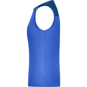 A blue ladies running tank top featuring a sleeveless design and a contrasting shoulder panel. It includes a logo.