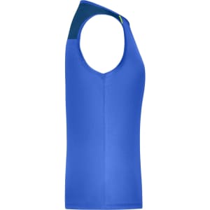 A blue ladies running tank top with a sleek design and a contrasting panel at the shoulder. It features a logo.