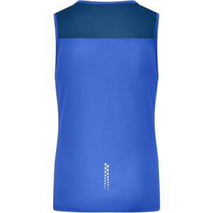 A blue ladies running tank featuring a navy back panel and a simple logo design.