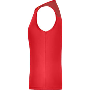 A red ladies running tank featuring a sleeveless design and a logo on the side.