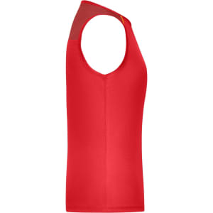 A red ladies running tank top with a sleeveless design and a logo. The fabric appears lightweight and athletic.
