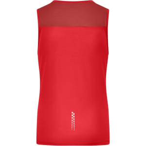 A red ladies running tank featuring a mesh back and a logo at the bottom. Lightweight and designed for active wear.