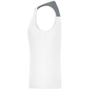 A white ladies' running tank with a grey shoulder panel, featuring a logo.