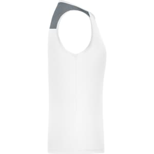 A white ladies running tank featuring a grey shoulder panel and a fitted design. It has a logo detail on the garment.