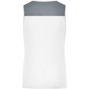 A ladies' running tank featuring a white body and grey upper panel, with a logo on the back.