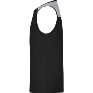 A men's running tank in black with grey accents, featuring a sleeveless design and a logo on the fabric.