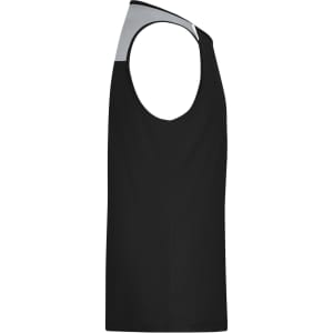 A men's running tank in black with a grey accent. It features a sleek, sleeveless design and has a logo.