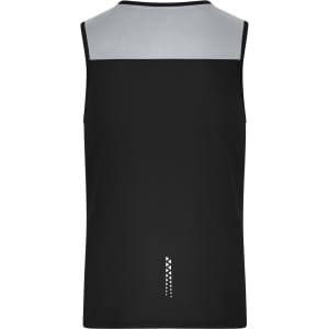 A black men's running tank with a grey shoulder panel and a branding logo on the back.