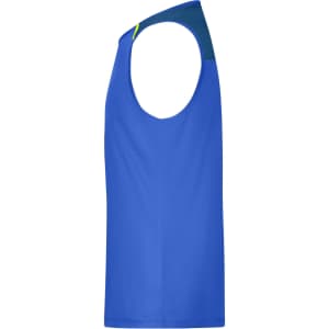 A blue men's running tank featuring a sleeveless design and a contrasting section on the shoulder. It has a logo on the front.