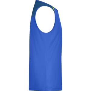 A blue men's running tank top featuring a sleeveless design and a logo on the chest area.