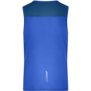 A blue men's running tank with a contrasting upper section and a logo at the back.