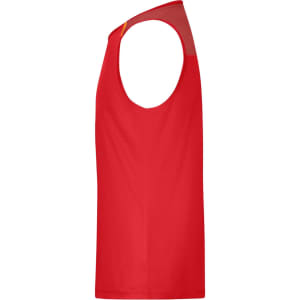 A red men's running tank top with a sleeveless design and a logo on the front.