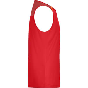 A red men's running tank with a sleeveless design and a logo on the side.