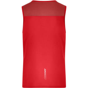 A red men's running tank with a mesh back and reflective design at the bottom, featuring a logo.
