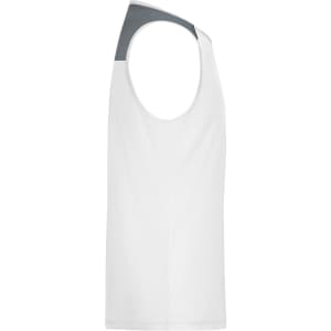 A men's running tank in white with a grey shoulder panel, featuring a logo on the design.