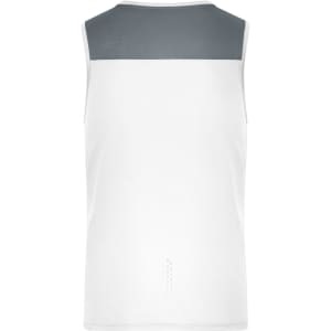 A men's running tank in white with a grey upper section and a logo on the back.
