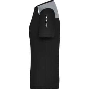A black ladies' running T-shirt featuring a grey shoulder panel and a logo on the sleeve.
