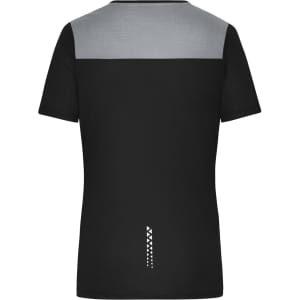 A ladies running T-shirt in black with a grey upper section and a decorative pattern on the back. It features a logo.