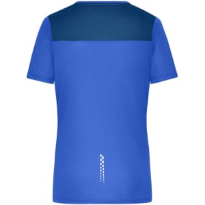 A blue ladies running T-shirt featuring a darker blue upper panel and a logo on the back.