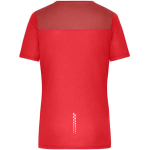 A red ladies running T-shirt with a mesh upper section and a subtle logo on the back.