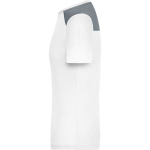 A ladies' running T-shirt in white with grey shoulder accents and a logo.