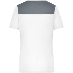 A ladies' running T-shirt featuring a white body with a grey panel on the upper back and a logo.