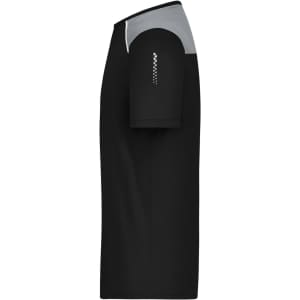 A black men's running T-shirt featuring grey details on the shoulders and branding on the sleeve.