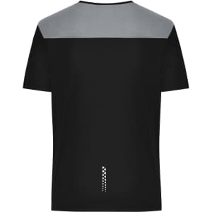 A men's running T-shirt featuring a black body and grey upper section, with a logo on the back.